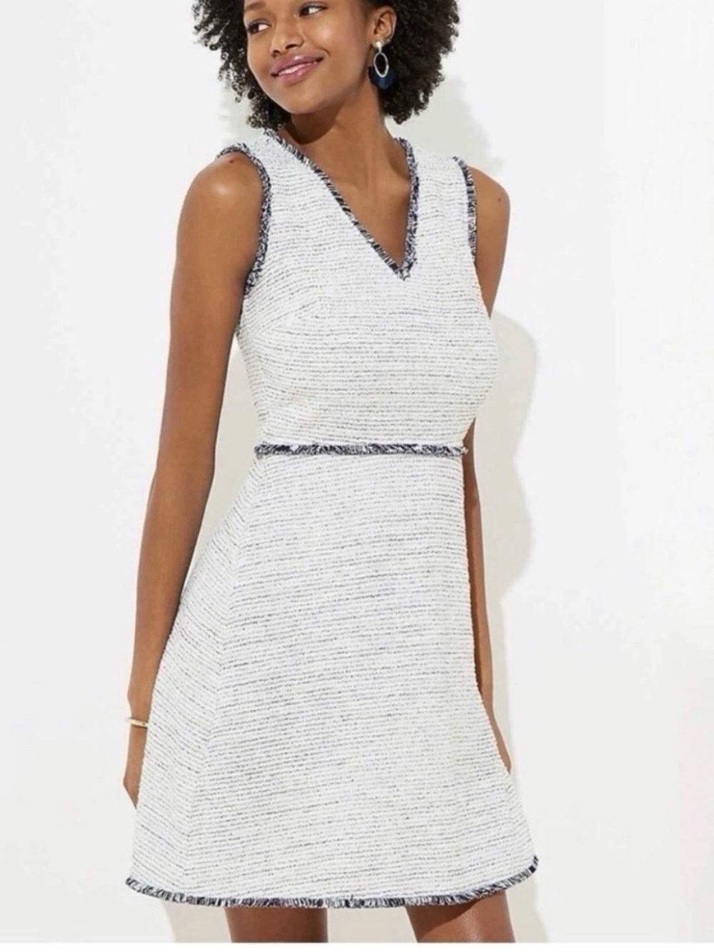 Loft Sleeveless Fringe Boucle Tweed Flare Mini Dress Navy And White Size 6 NEW